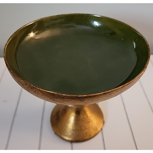 VTG FREEMAN & MCFARLIN Compote Bowl Gilded Green Enamel Inside 5.5" Tall - Picture 1 of 5